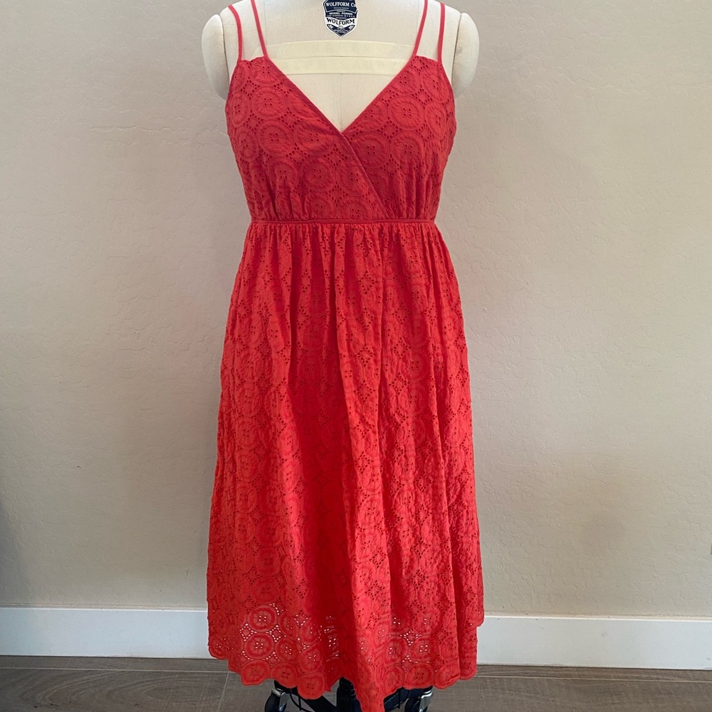 J.Crew Women Double Strap Embroidered Eyelet Orange Midi Dress Size 10